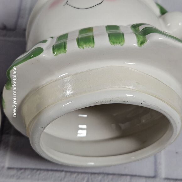 Snowman Cookie Jar Green and White w/Snowflake Scarf With Rubber Stopper 11"X6W. - Picture 6 of 13